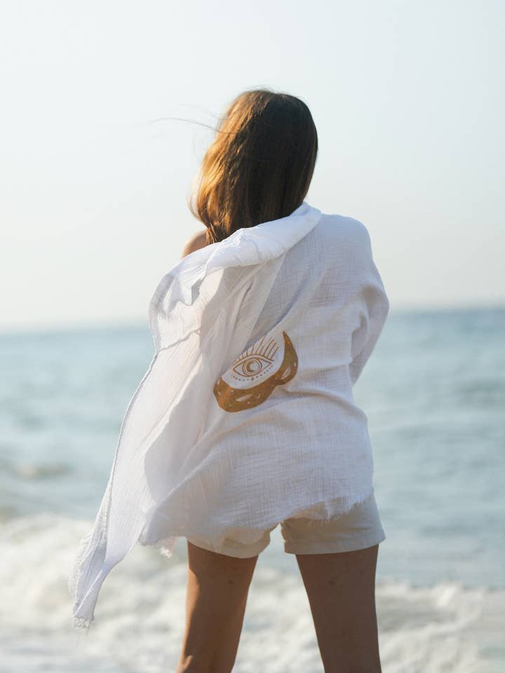 Moa - Wholesale Robe - Women's - Evil Eye and Moon Double Gauze White Hooded Robe