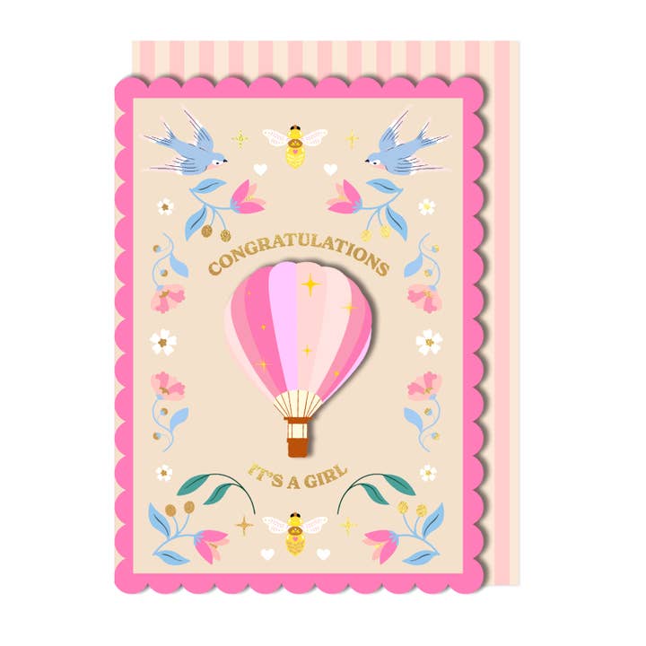 Tillykke, det er en lille pige varmluftballon håndlavet lykønskningskort for engroshandel hos Tache