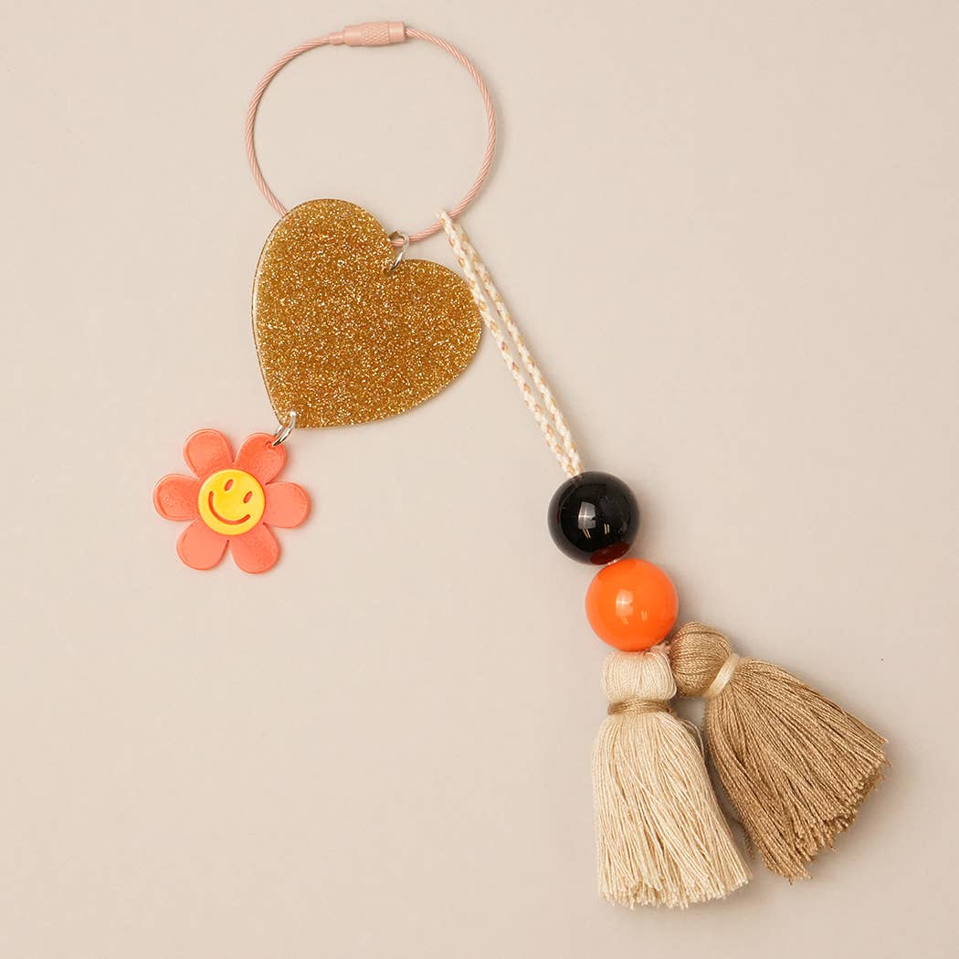 Fashion City - Wholesale Sleutelhanger - Dames - Happy Face sleutelhanger met glitterhart en kwastje, bedeltje4