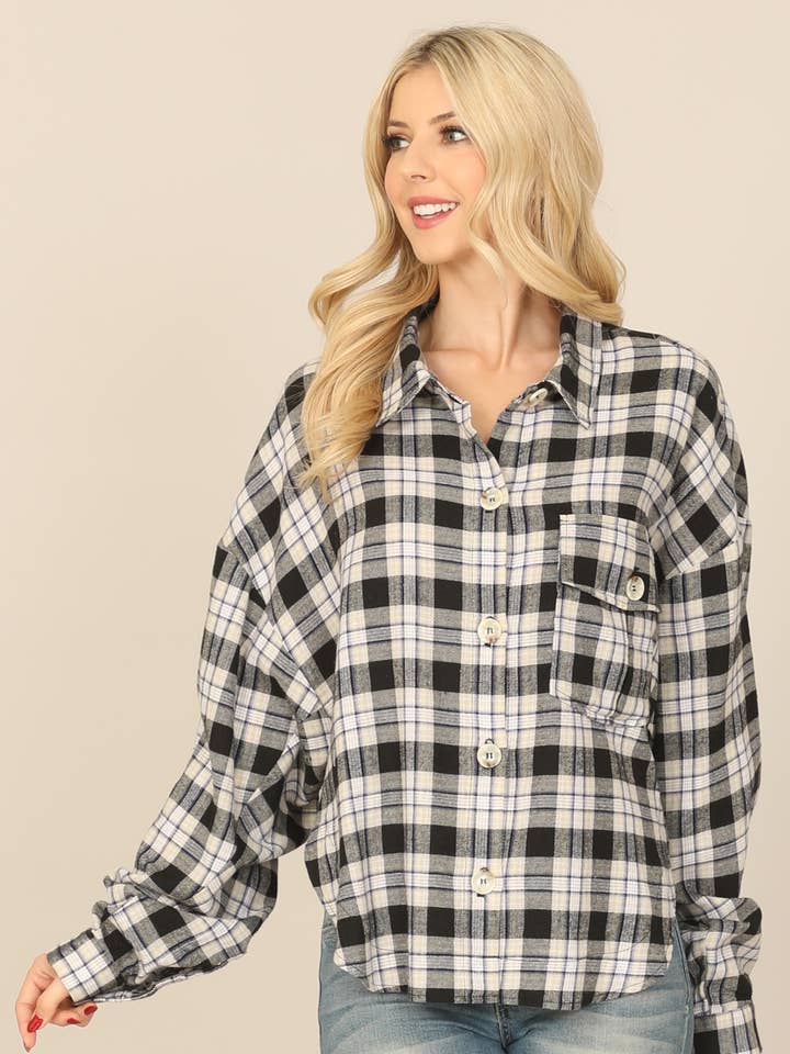 Seamless Plaid Long Sleeve Button Down Pocket Patch Hem Top for wholesale by MYS Wholesale Inc
