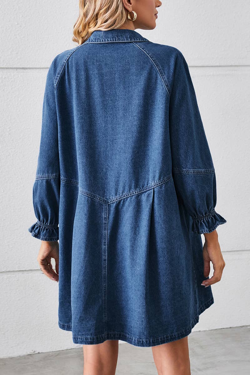 Lily Clothing - Wholesale Dress - Women's - Loose wash long sleeve denim single breasted short dress5