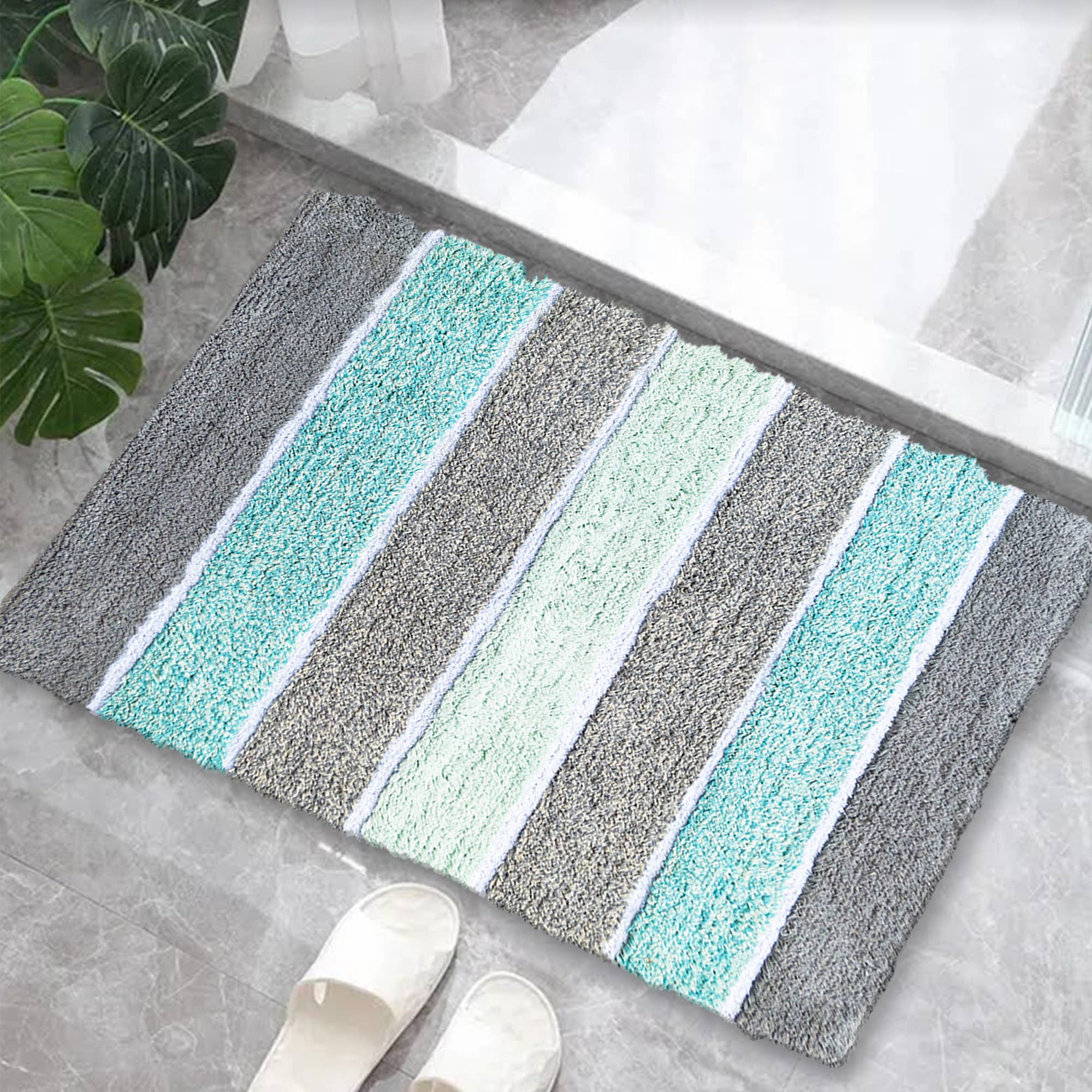 Cinzento Tapete de Banho Cordural Stripe algodão 17" X24" - Verde Menta - Cinza para venda a revendedores na Faire0