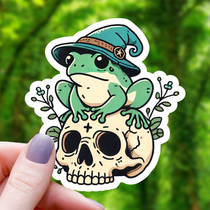 Wizard Frog on Cottagecore Skull Sticker- 3" for wholesale by Mimic Gaming Co