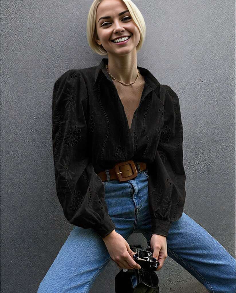 Anna Kaci Wholesale - Vente Chemise à col boutonné – femme - Blouse à manches longues boutonnée en broderie anglaise5