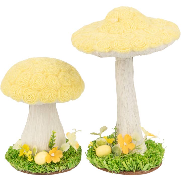 A64213 : 2 pièces de table champignon assorties, fleur en papier jaune avec tige, mousse verte, 10 pouces pour la vente par Silver Tree Home & Holiday