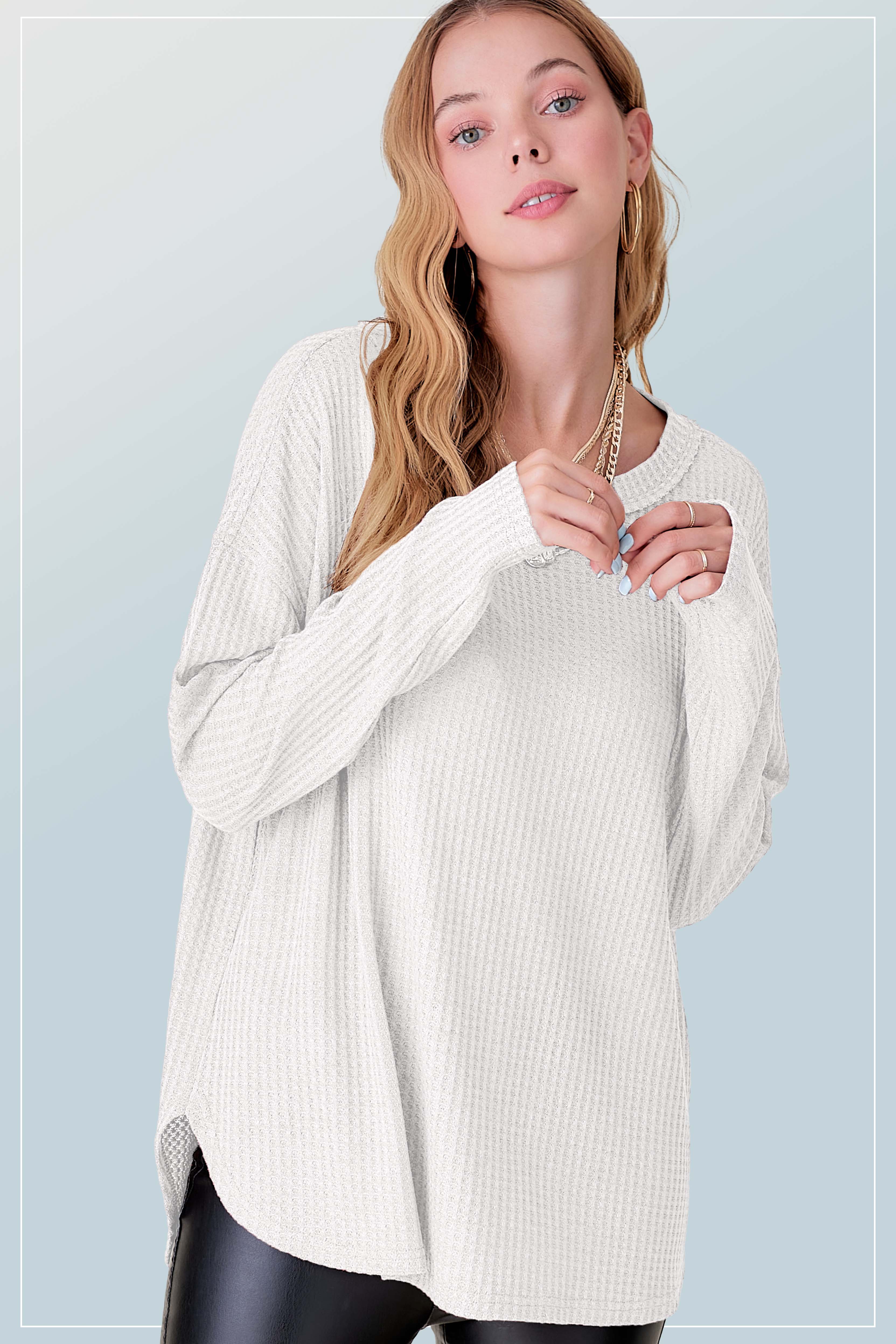 La Miel - Wholesale Tunic - Women's - HAT7566-Brushed Waffle Fabric Loose Fit Long Sleeve Top12