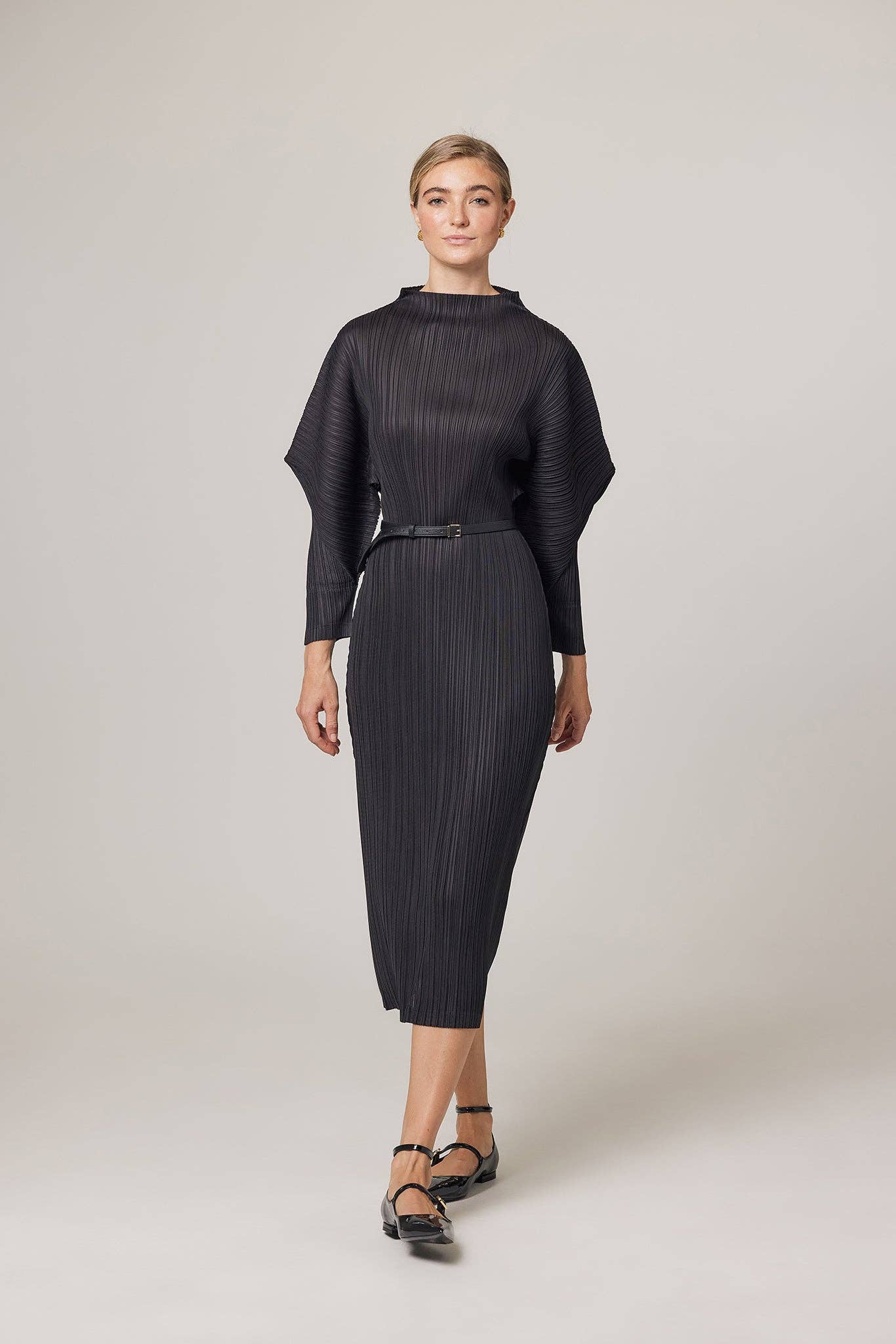 Black Hera Plissé Satin Sculpture Dress for wholesale on Faire4