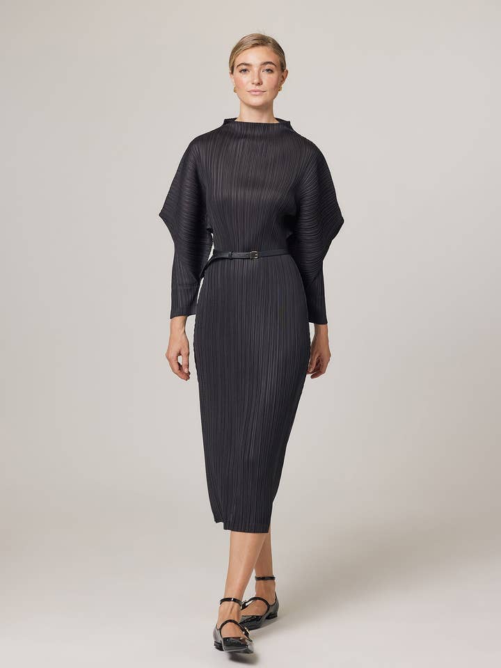 Black Hera Plissé Satin Sculpture Dress for wholesale on Faire4