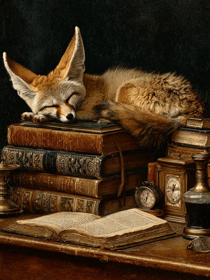 Renard fennec dormant sur une pile de livres - Œuvre d'art Naturecore 20x25 cm pour cadre 28x36 cm pour la vente par Mowbi