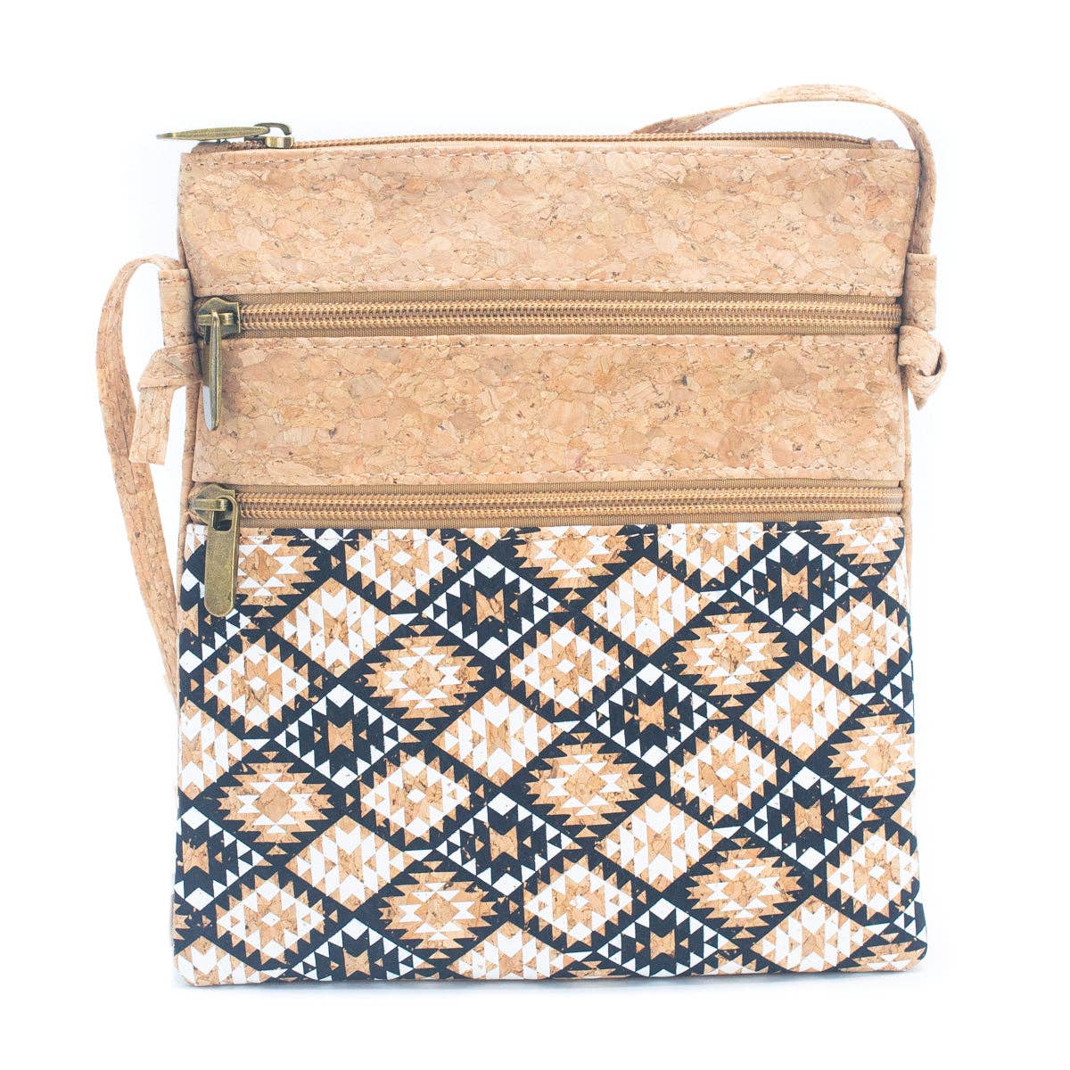 Meninas Bonitas Cork - Wholesale Crossbody Bag - Women's - Natural cork Patterned double zipper crossbody bag BAG-22653