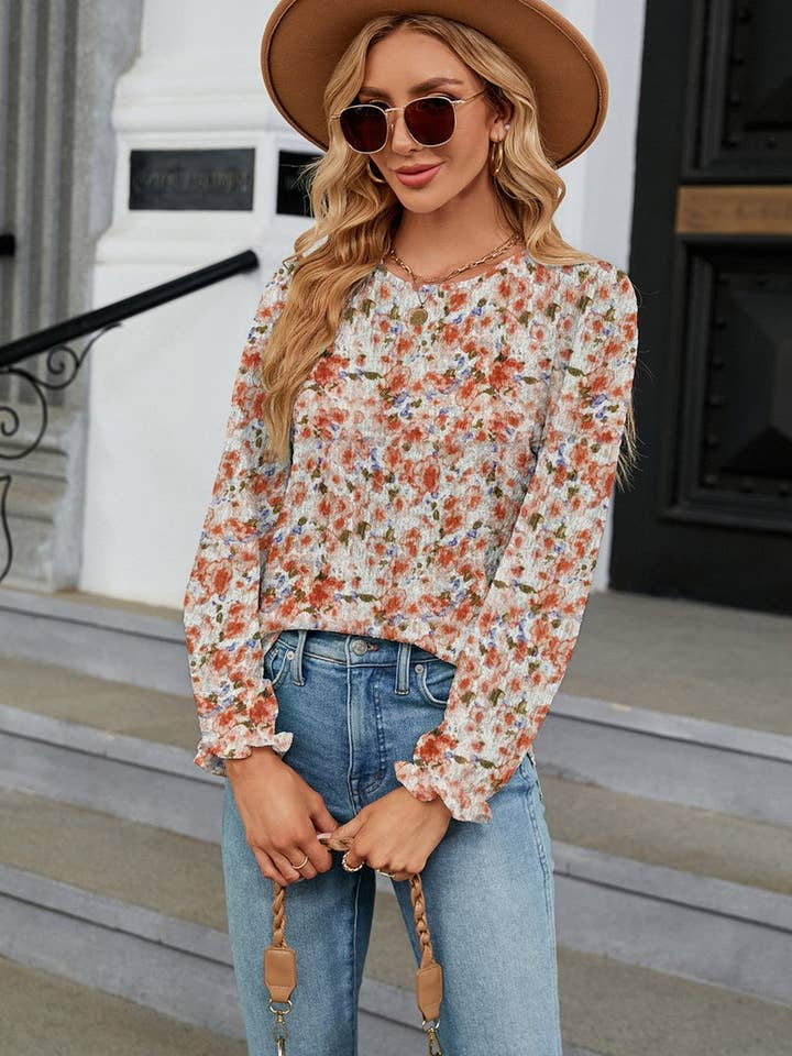 Lily Clothing - Wholesale Blouse - Women's - CWTBLL0196_WOMEN FLORAL RUFFLE SLEEVE ROUND NECK FALL BLOUSE3