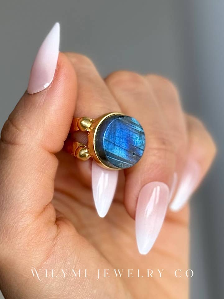 Labradorite 16mm Round Cut Flat Ring | 24k Gold Filled for wholesale by WILYMI Jewelry Co