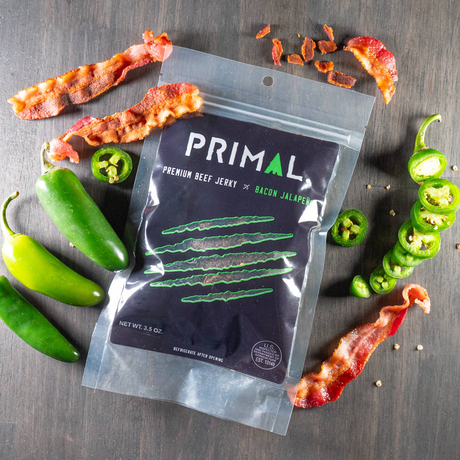 Primal Jerky - Wholesale Jerky - Primal Bacon/Jalapeno Beef Jerky 3.5oz5