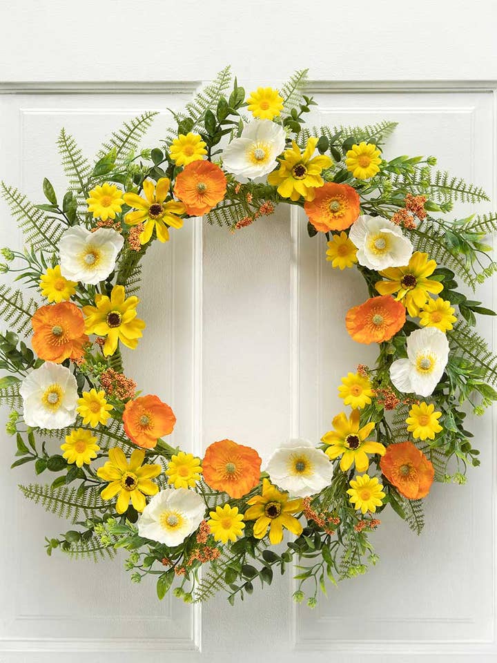 WREATH POPPY/DAISY 22IN (INNER RING 11IN) POLYESTER/PLASTIC for wholesale by Waterman's Loft Inc.