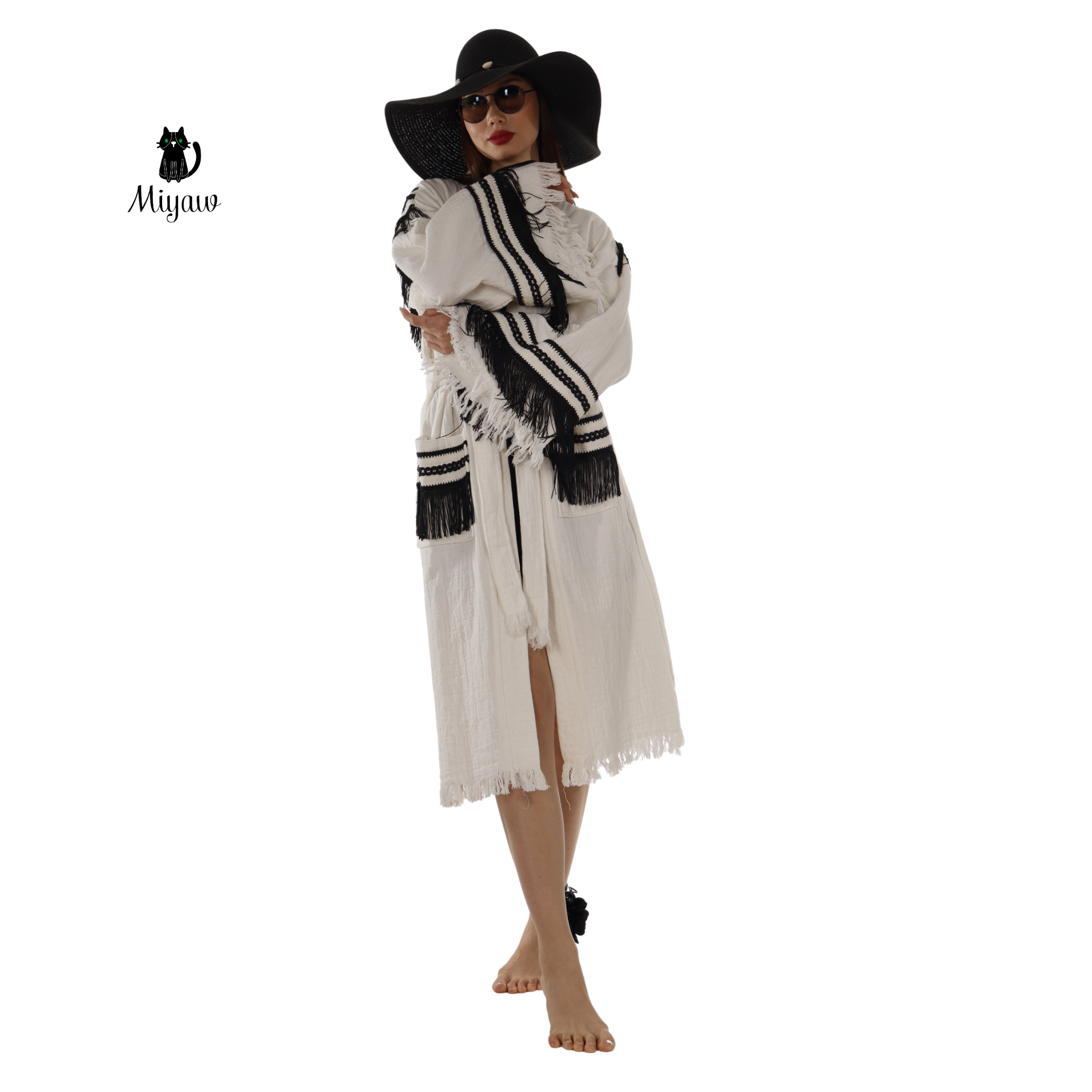 White Kimono Robe with Black Fringe – Boho Western Style for wholesale on Faire1