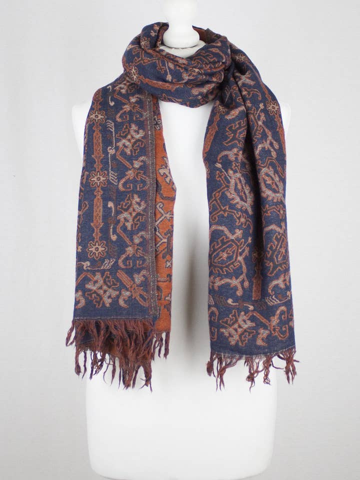 Jamdani Motif Jacquard Merino Wool Scarf - Navy Orange for wholesale by SVEZElife