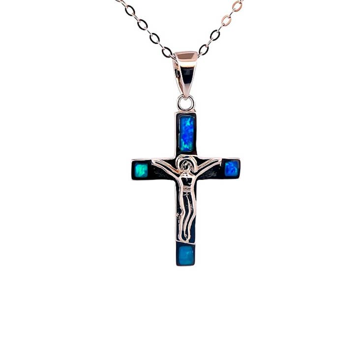 Guadalupe Gifts - Wholesale Pendant/Charm Necklace - Silver Crucifix Necklace w/ Blue Opal 18-inch