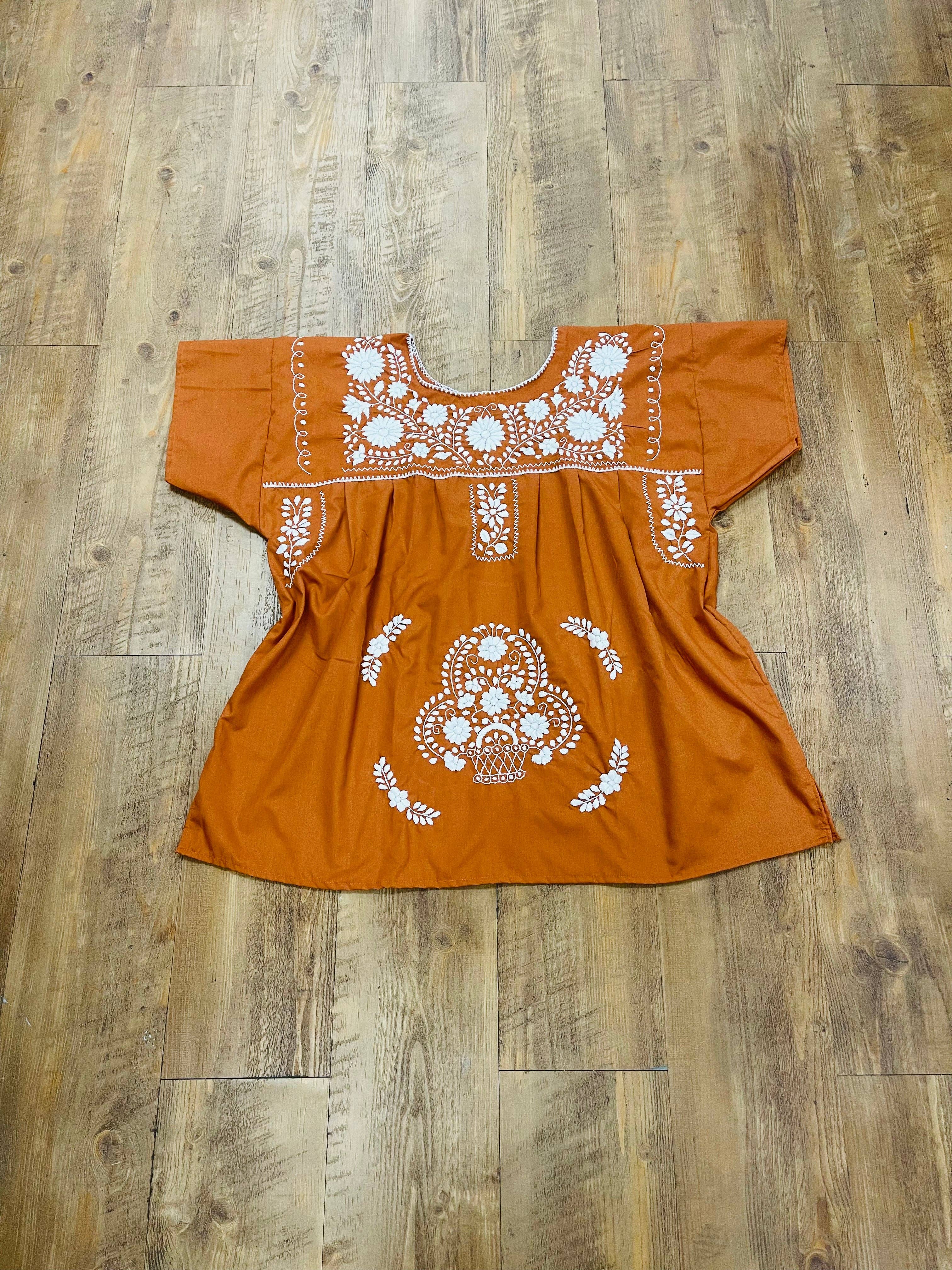 Burnt Orange Mexican Blouse Full Embroidered Texas Longhorns for wholesale on Faire10
