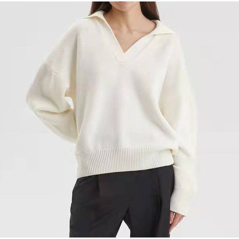 HIDDENBRAND - Wholesale Knit Sweater - Women's - Lapel V-neck Loose Long Sleeve Knit Pullover Sweater丨S-3XL3