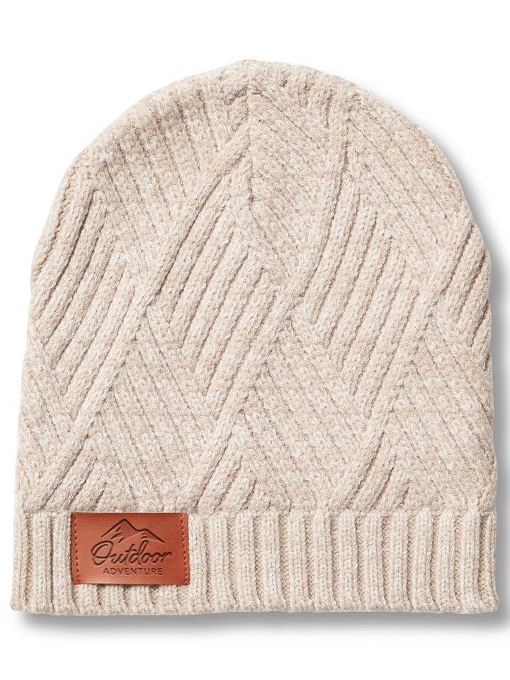 Custom Trellis Knit Beanie with faux leather debossed patch for wholesale by Panda Imprinting