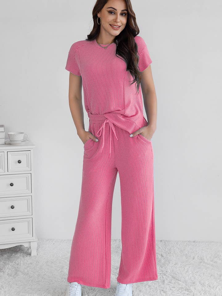 Cable Knit Short Sleeve T Shirt and Wide Leg Pants Set for wholesale by LA Society