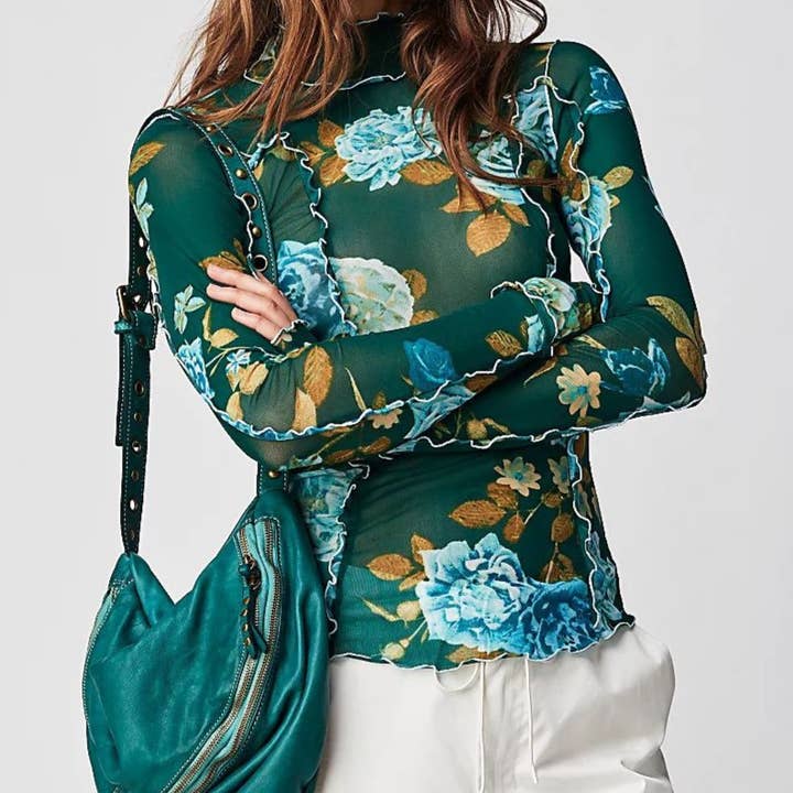 Rosa Clothing - Wholesale Knit Top - Women's - Slim-Fit Sheer Botanical Floral Print Turtleneck Top