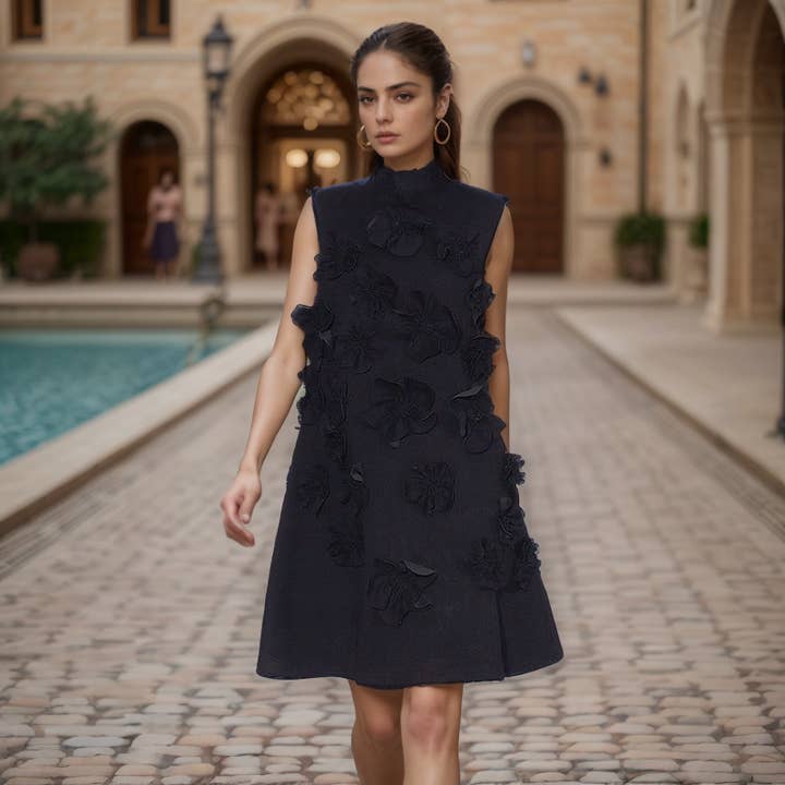 Productseeker - Wholesale Dress - Women's - DR413Y Pink Stand Collar Sleeveless 3D Flower Short Dress