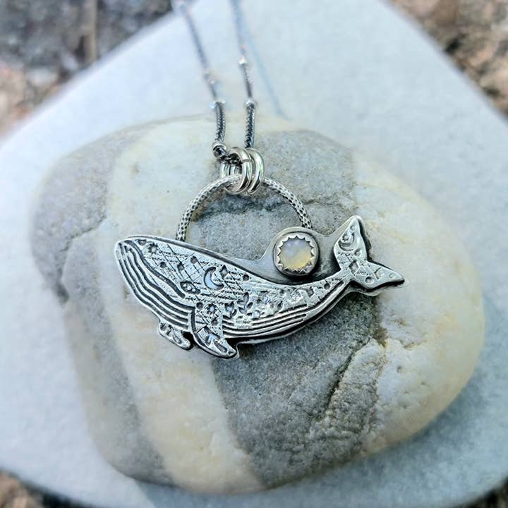 Celestial Whale Pendant in Fine Silver with Ethipoan Opal for wholesale by Verdilune