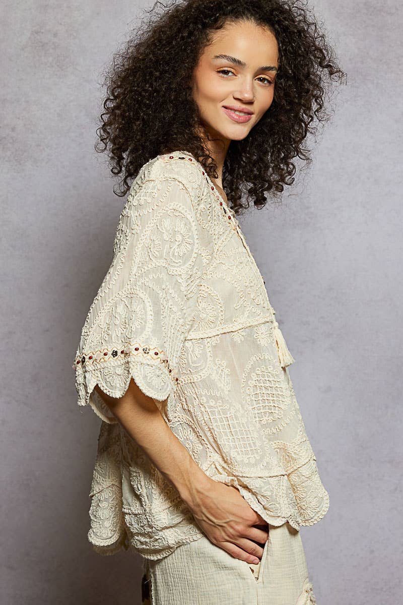 Pol Clothing - Wholesale Blouse - Women's - Short Sleeve Adjustable Drawstring Crochet V Neck Top22