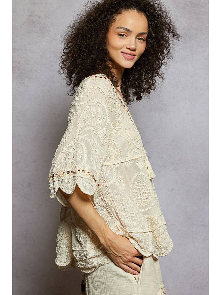 Pol Clothing - Wholesale Blouse - Women's - Short Sleeve Adjustable Drawstring Crochet V Neck Top22