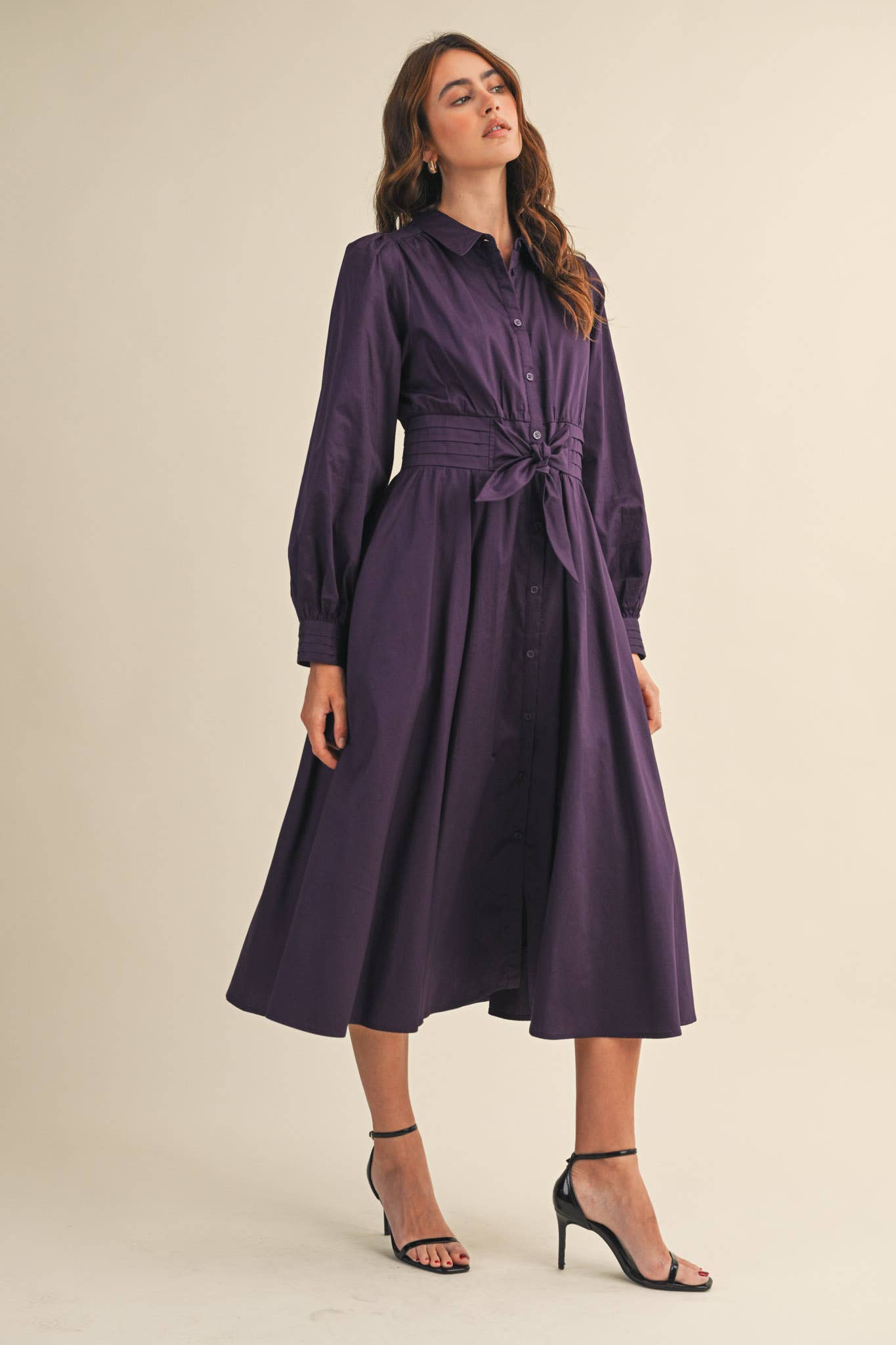 &MERCI - Wholesale Dress - Women's - PINTUCK WAIST TIE FRONT MIDI DRESS MDR42197