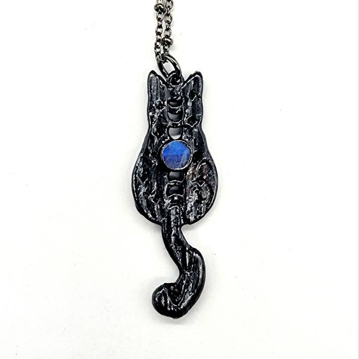 MergingMetals - Vendita all'ingrosso Collana con ciondolo/pendaglio - Collana Moonstone Black Cat Moon Phase//Elettroformata