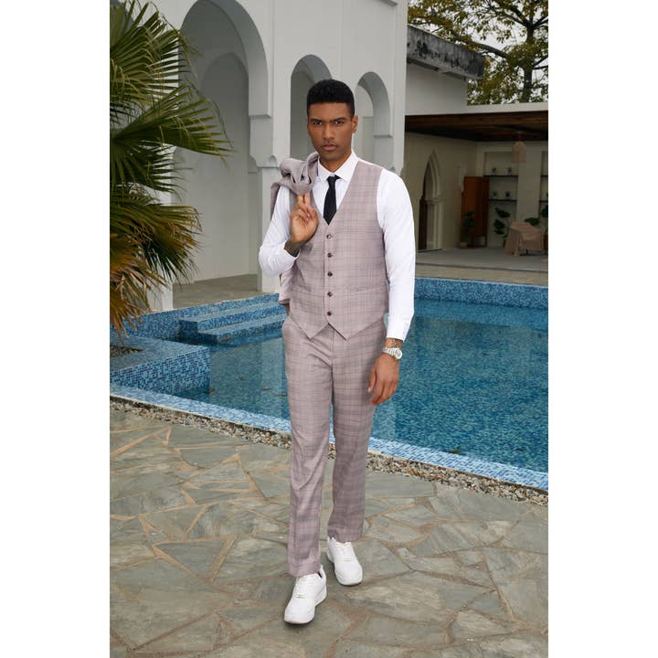 Suits America - Wholesale Suit Set - Men's - Stacy Adams 3pc Plaid Mens Suit w/ Wide Notch Lapel, Pink3