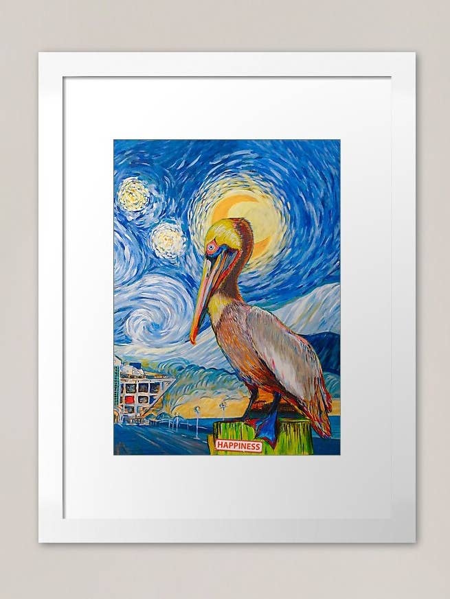 The Starry Night & St. Petelican, St. Pete Pier, The Pelican, Florida Wildlife, St. Petersburg, Florida. Fine Art Paper Print, Souvenir for wholesale by SAVAQ