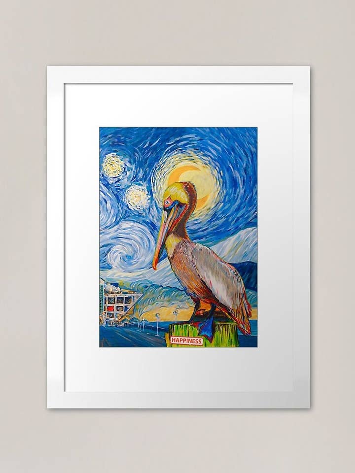 The Starry Night & St. Petelican, St. Pete Pier, The Pelican, Florida Wildlife, St. Petersburg, Florida. Fine Art Paper Print, Souvenir for wholesale by SAVAQ