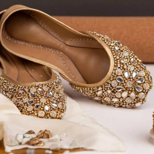 Quintessential Kundan Embellished Satin Gold Wedding Flats Jutti Khussa for wholesale on Faire1