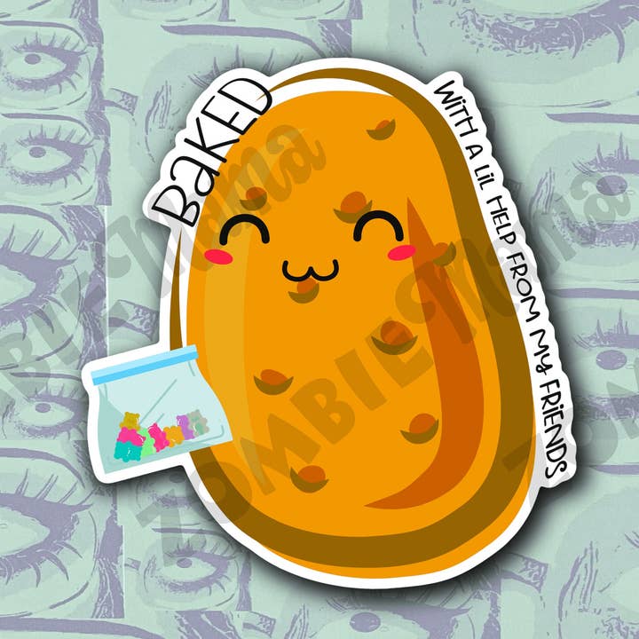 Bagt kartoffel klistermærke | Marijuana Stoner Girl Gave | Vandafvisende Vinyl | Cannabis kunst for engroshandel hos Zombie Mama Press