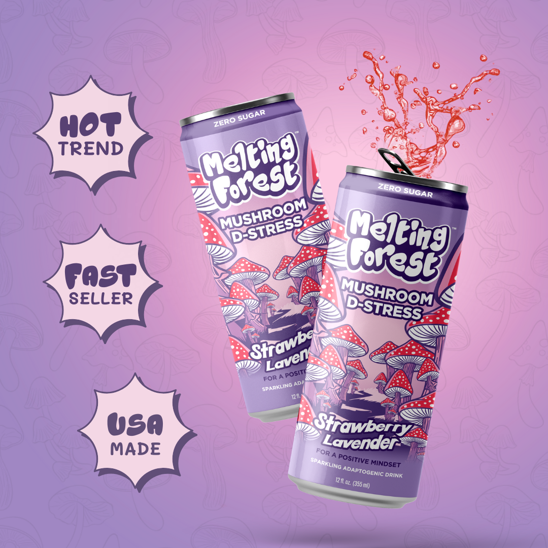 Melting Forest - Vente Eau gazeuse - Boisson aux champignons | Soulagement du stress | Fraise et lavande5