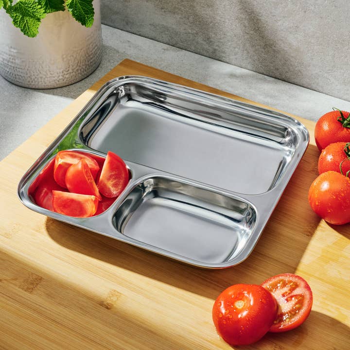 Dalcini Stainless - Wholesale Dinner Plate - Large 3-Section Square Plate | Stainless Steel Divided Tray4