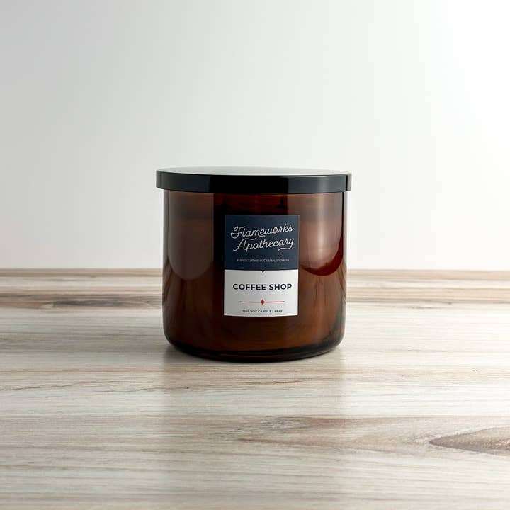 Coffee Shop 17 oz Double Wick Amber Jar Candle for wholesale by Flameworks Apothecary