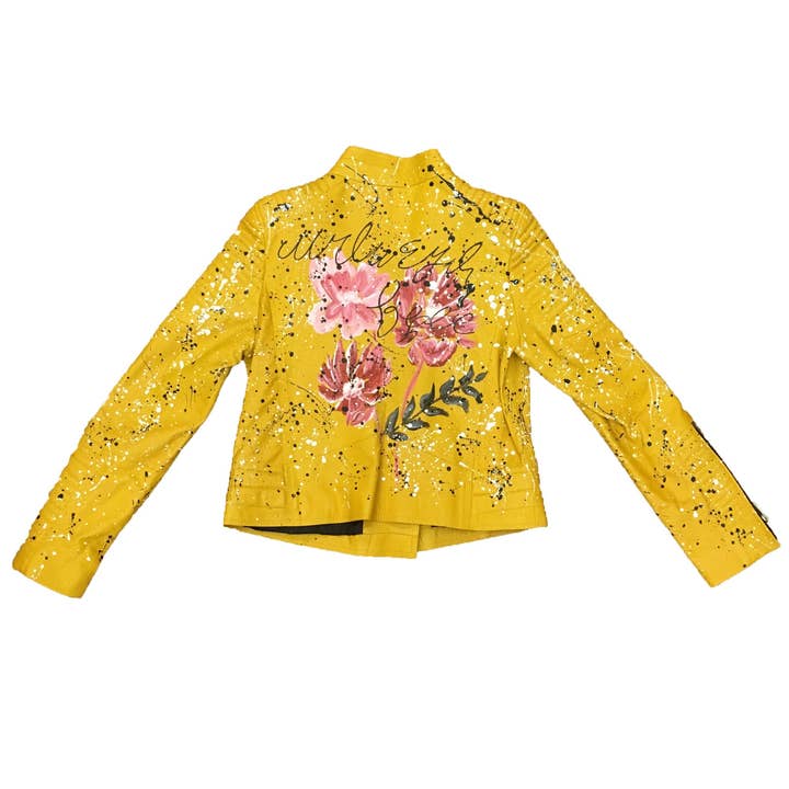 Splatter Flowers Leather Moto Jacket - Yellow for wholesale by The Lud