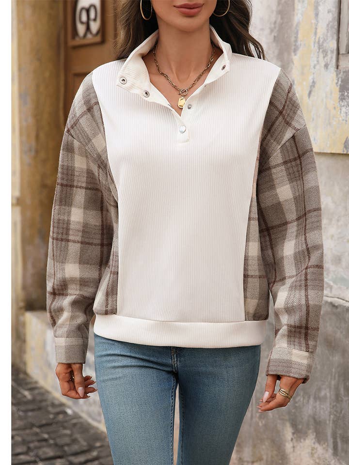 Sweat-shirt patchwork à carreaux vintage à demi-boutonnage BFZY1654 pour la vente par UNISHE