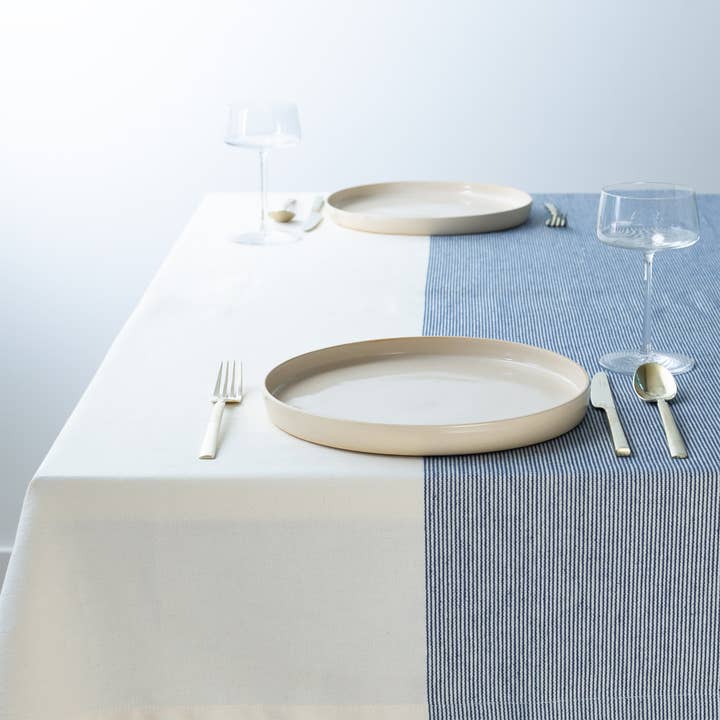 The Stripe Collection Tablecloth Natural & Elderberry for wholesale by Thyme and Sage Home Textiles
