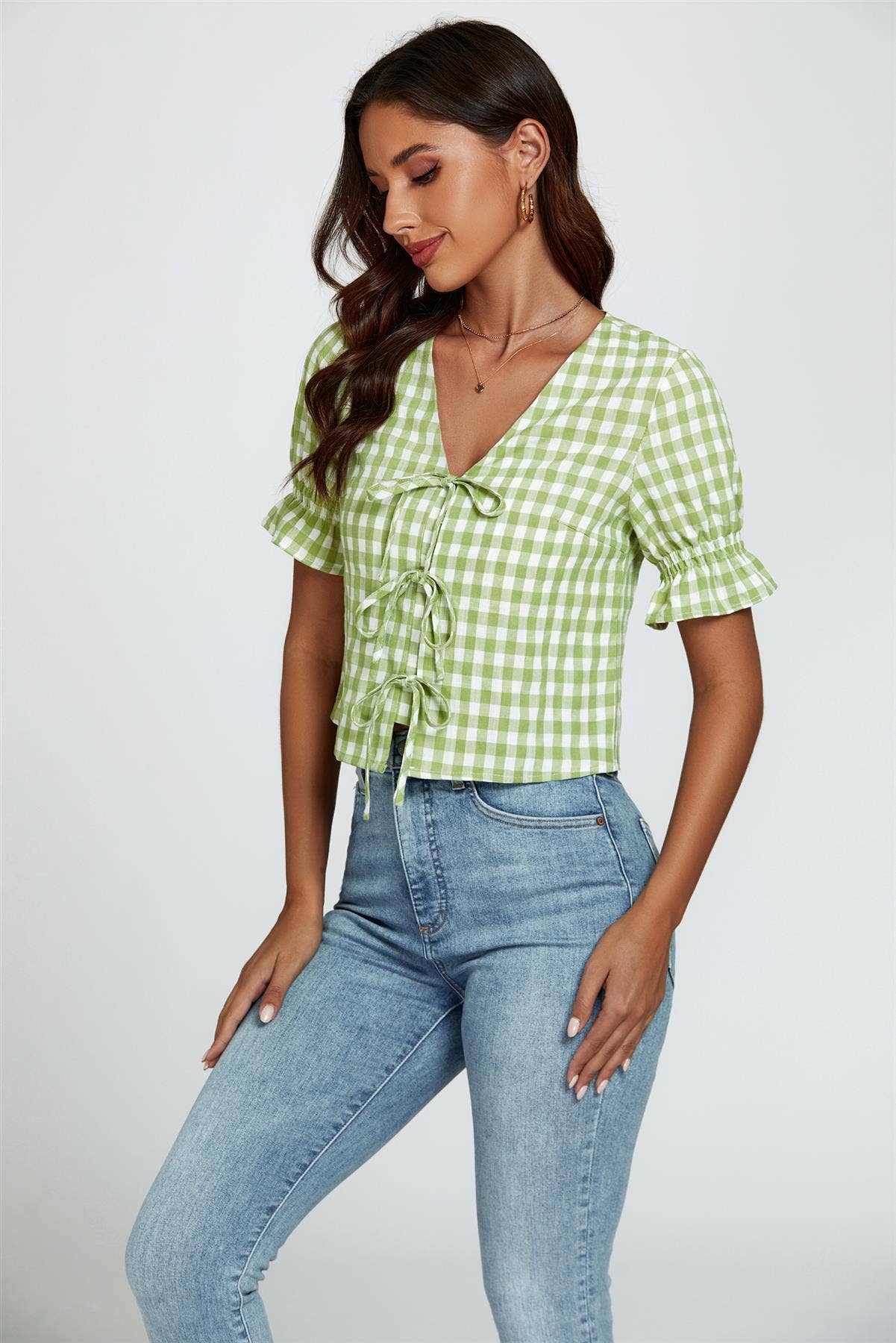 Check Print Tie Front Top In Green for wholesale on Faire1
