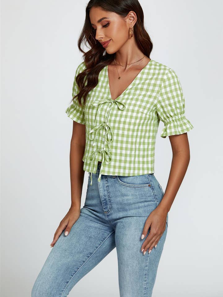 Check Print Tie Front Top In Green for wholesale on Faire1