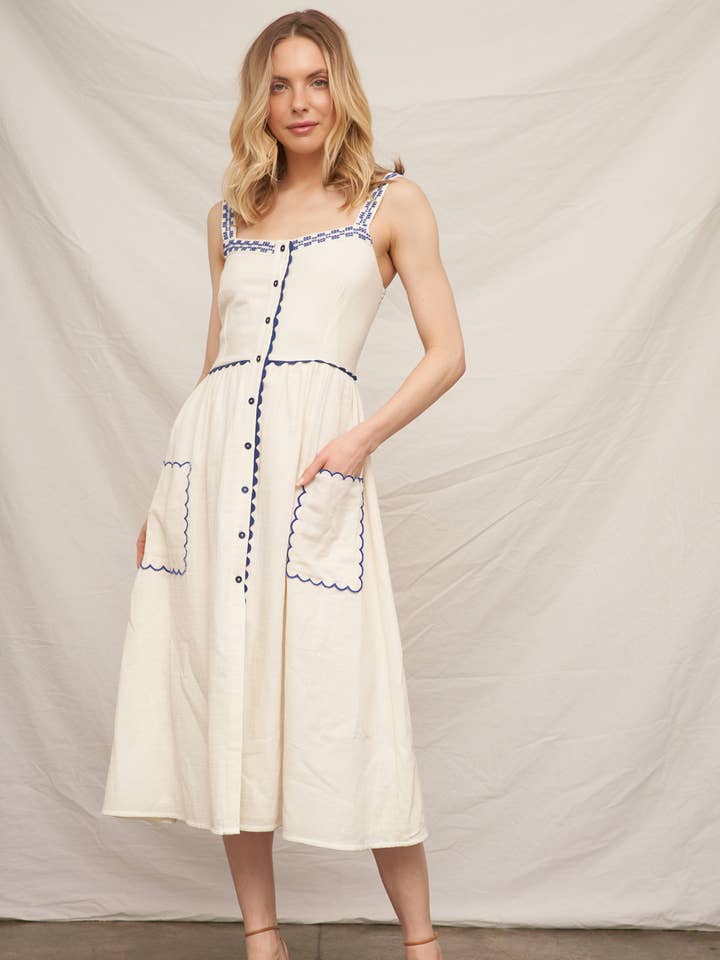 Ivory Blue Button Down Embroidery Midi Dress for wholesale on Faire