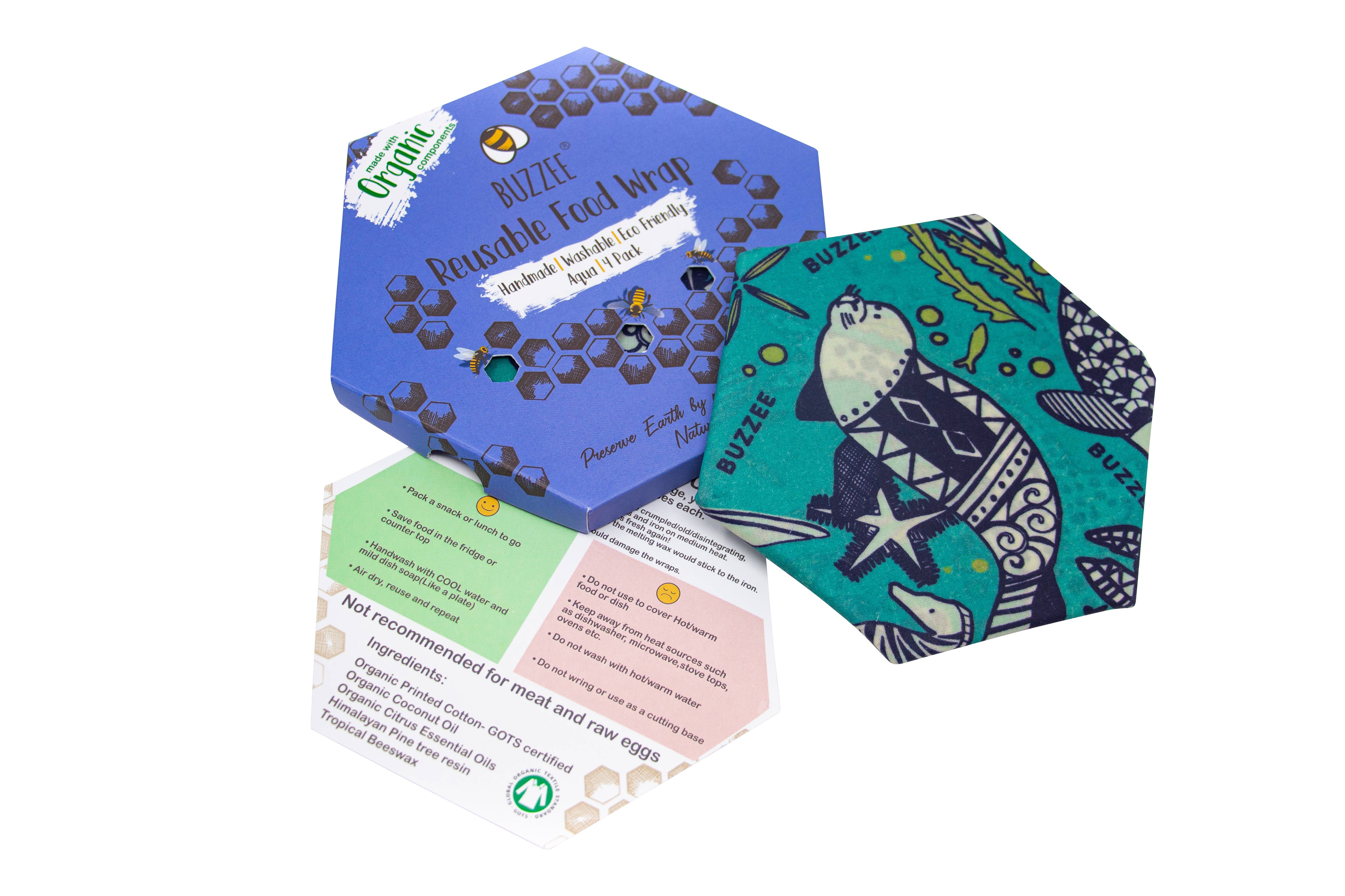 Buzzee - Vendita all'ingrosso Involucro/sacchetto per alimenti - Involucri alimentari riutilizzabili in cera d'api AQUA - 4 confezioni9