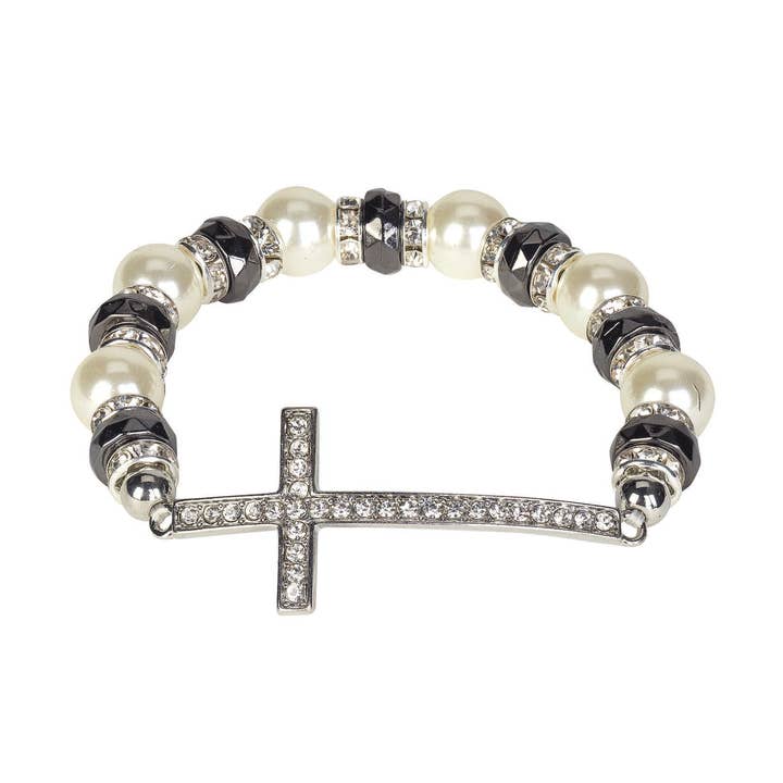 BRACELET CZ CROSS PEARL/ONYX SIL PLT for wholesale by Magnolia
