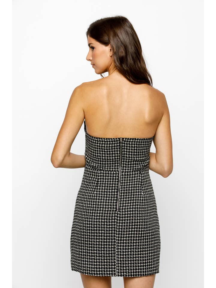 BLACK IVORY JD7185- HOUNDSTOOTH TWEED STRAPLESS BODYCON MINI DRESS for wholesale on Faire