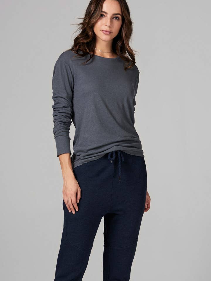 WOMEN'S LINEN BLEND CREW NECK LONG SLEEVE SHIRT - GREY for wholesale by Mika Jaymes